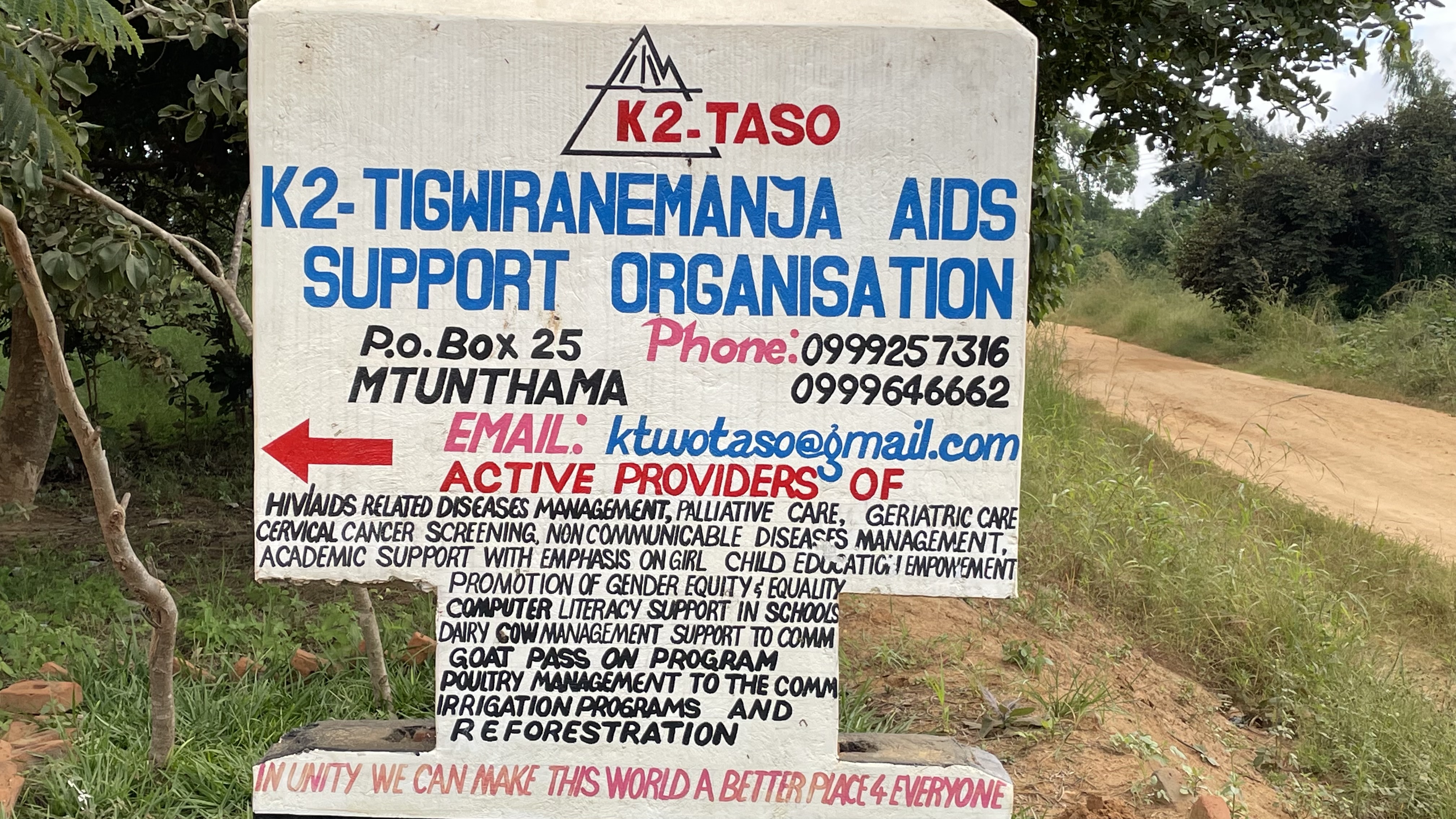 K2 TASO roadside sign listing community health and development services